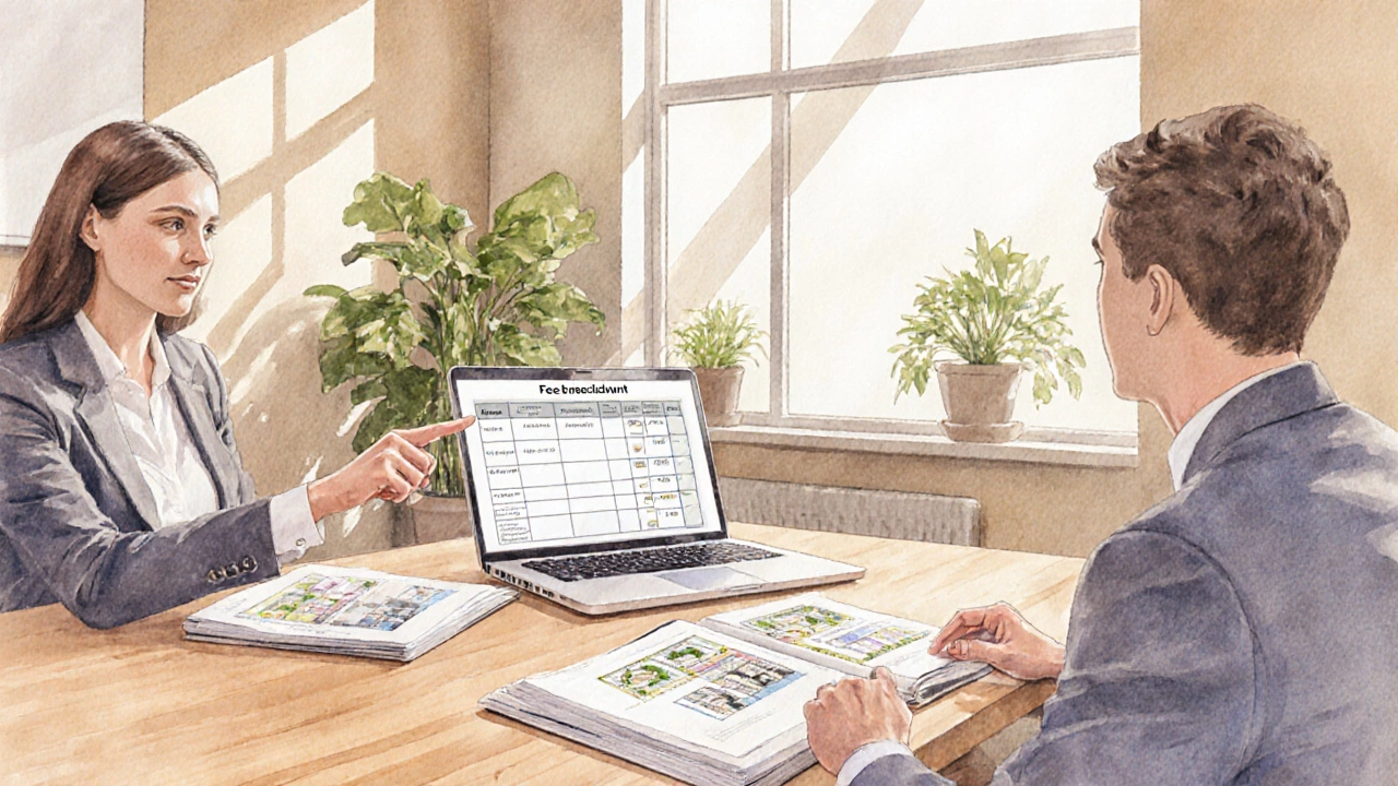 Architect discussing fees with a client in a bright office setting.