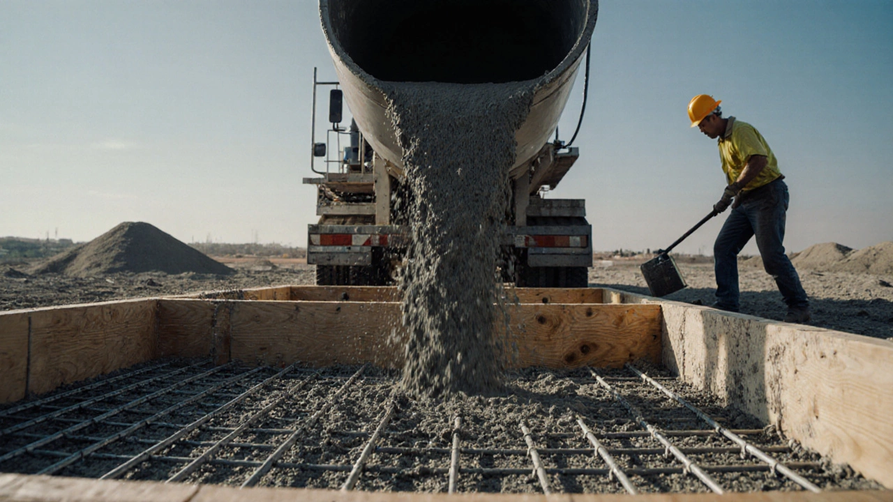 Close‑up of concrete being poured into formwork with visible rebar and worker.