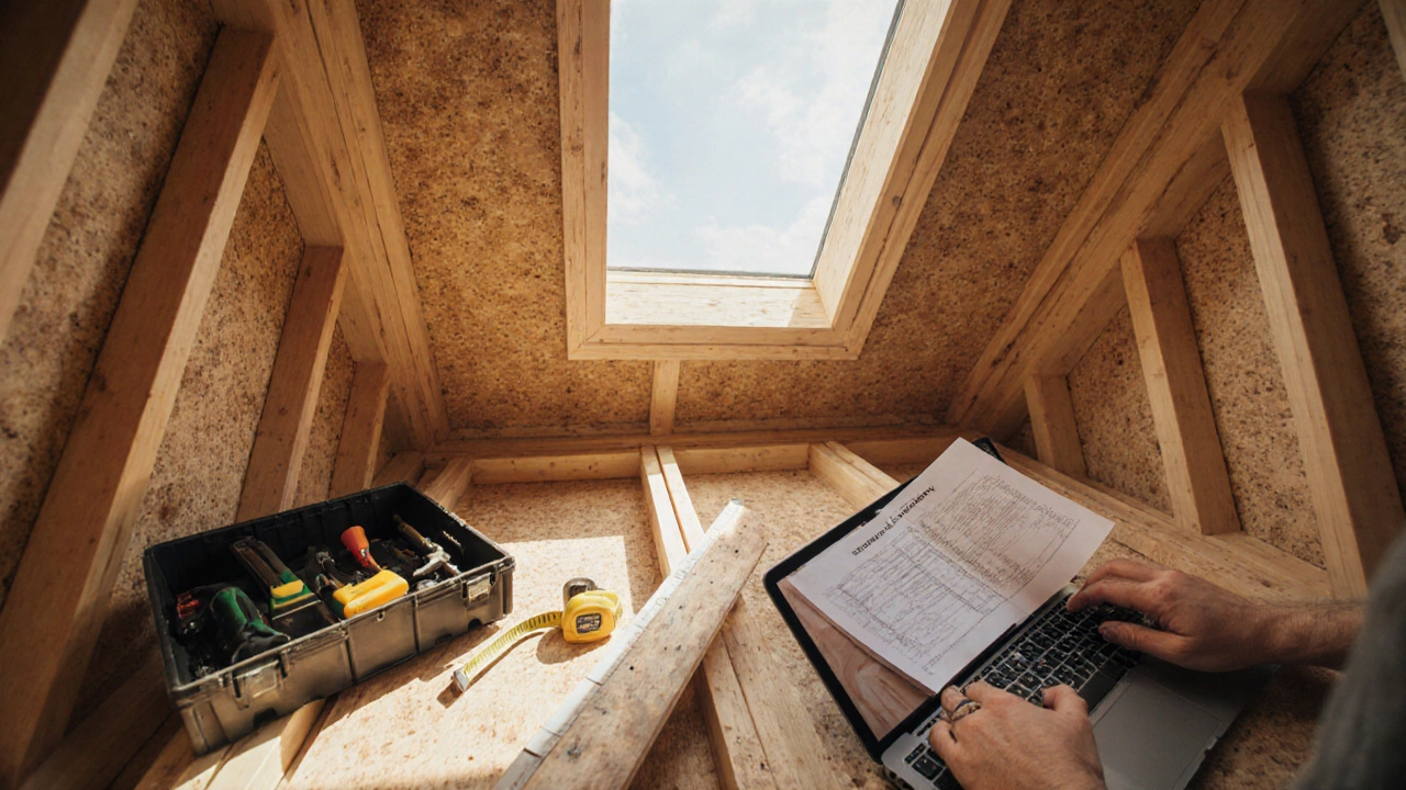 Close‑up of hands assembling SIP panels inside a tiny house under skylight light.
