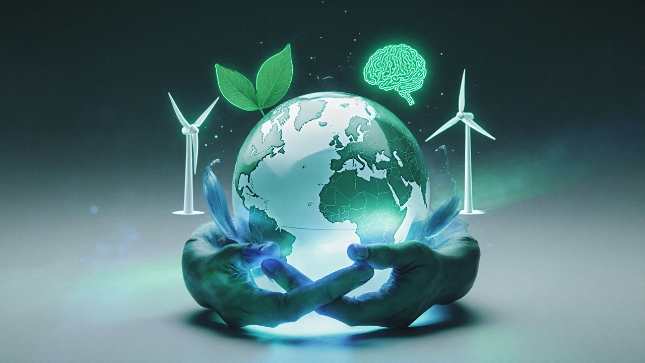 Conceptual scene of a globe encircled by icons for sustainability, AI, wind energy, and partnerships.