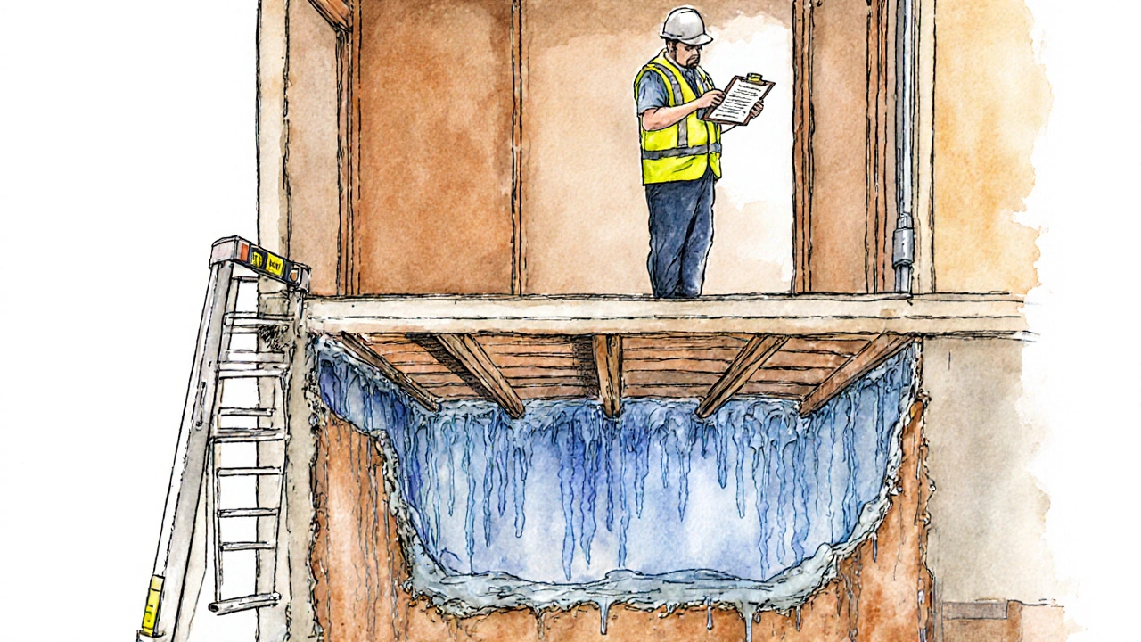 Cross‑section view of a house showing water‑damaged joists and a surveyor inspecting.
