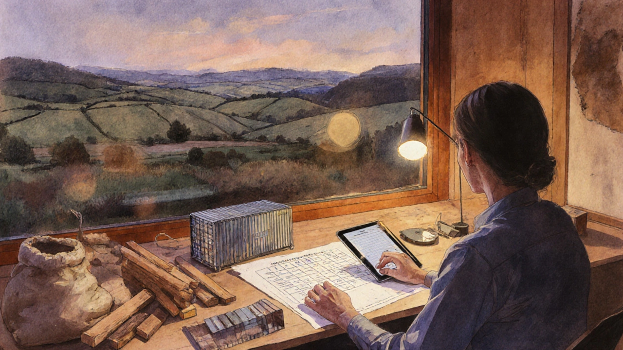 Homeowner planning a cheap home at a desk with material samples and a rural view outside.