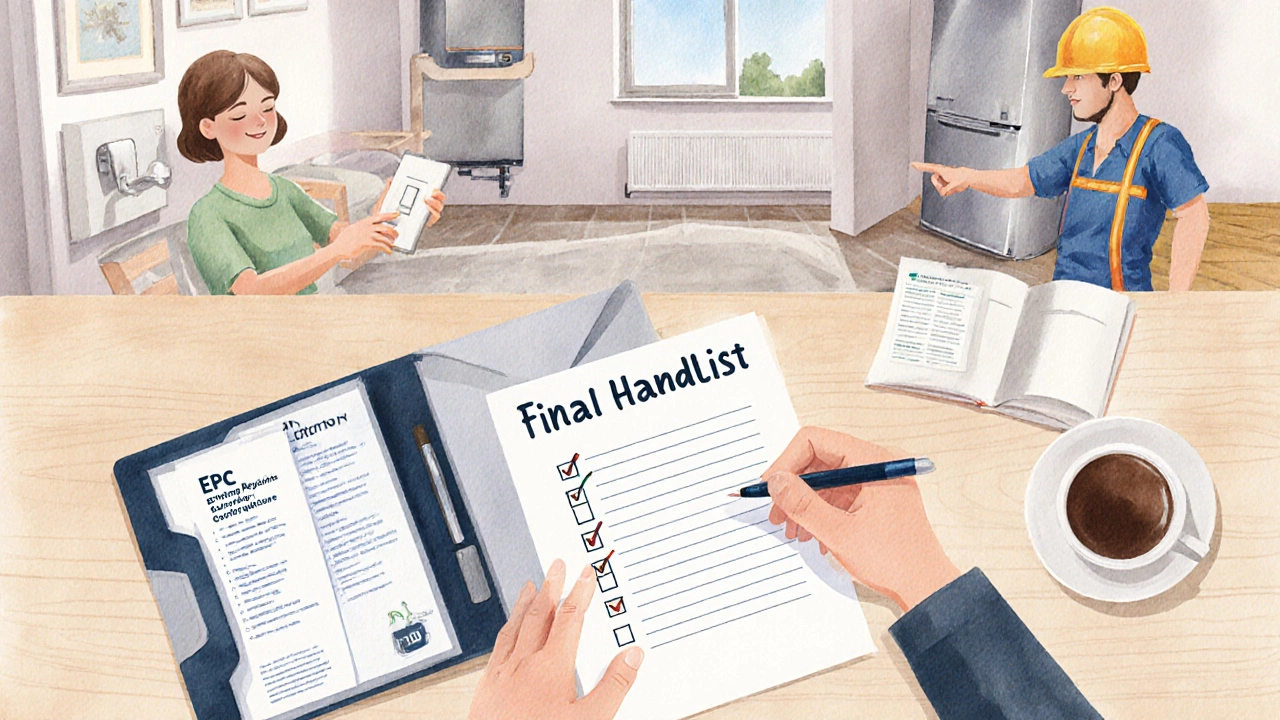 Homeowner reviewing handover documents and checklist in a new house.