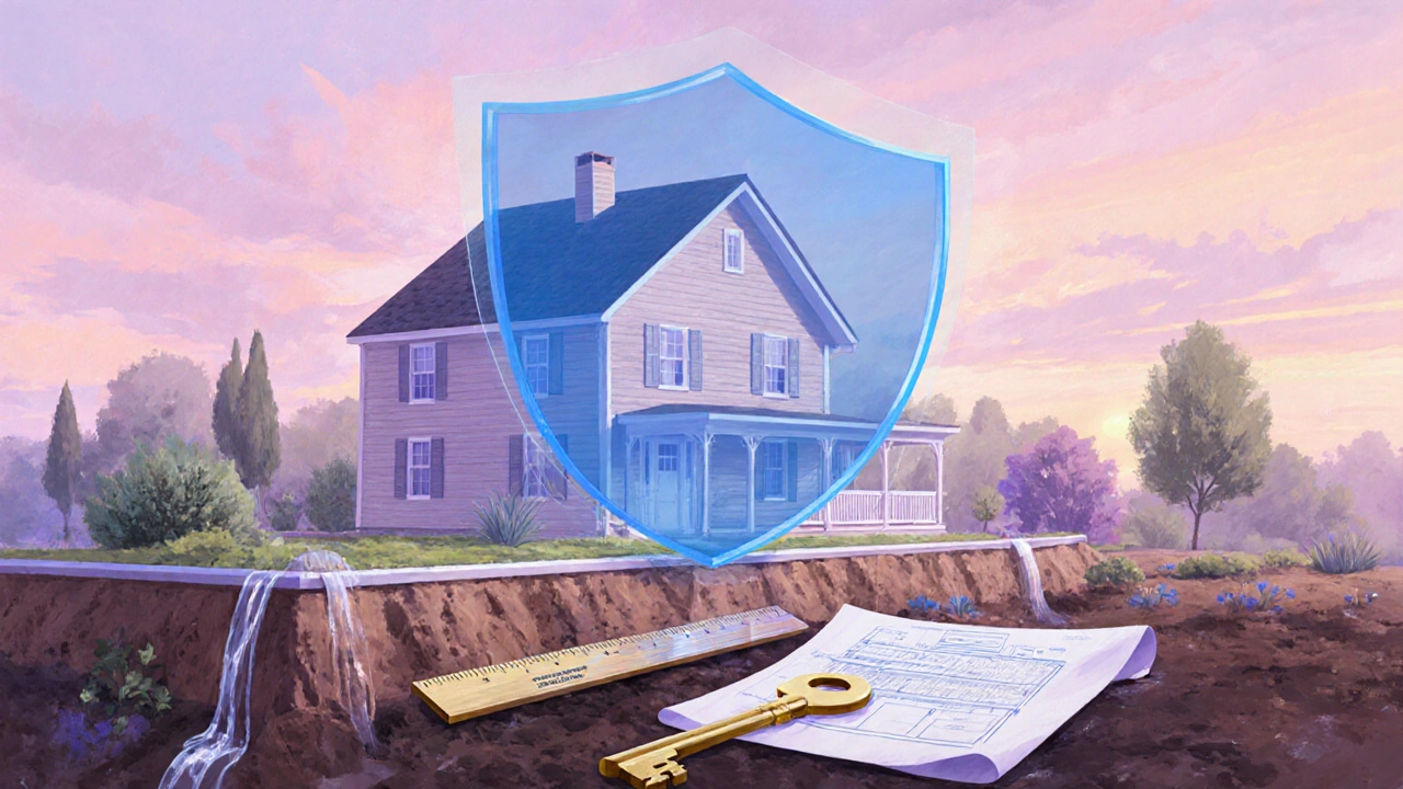 House surrounded by symbols of insurance, drainage and maintenance protection.