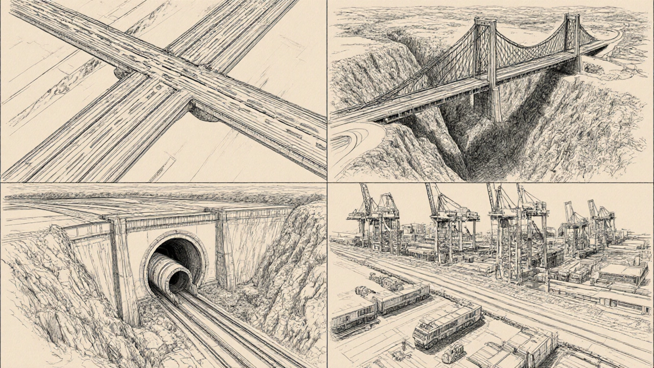 Illustration collage of highway, cable‑stayed bridge, tunnel boring machine, dam, airport runway, rail line, and port.