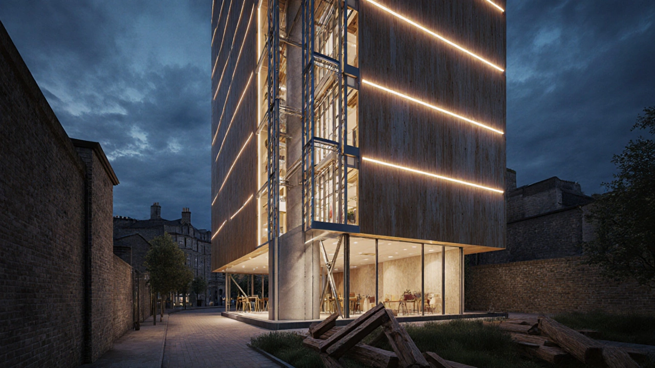 Illustration of a mixed‑material tower with concrete core, steel floors, and CLT façade at dusk.