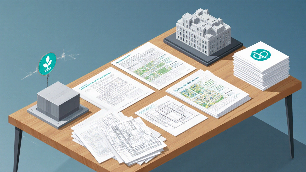 Isometric view of a drafting table with stacked design documents and models.