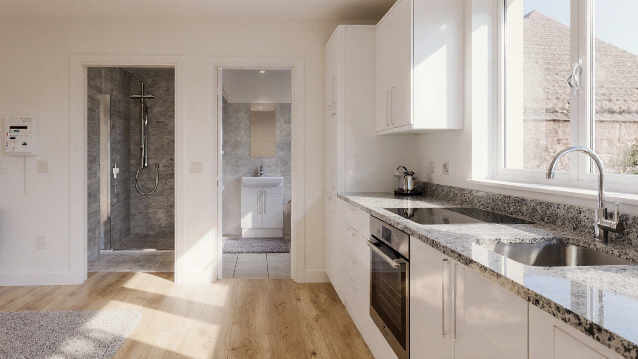 Modern kitchen and bathroom interior showing standard new‑build fixtures.