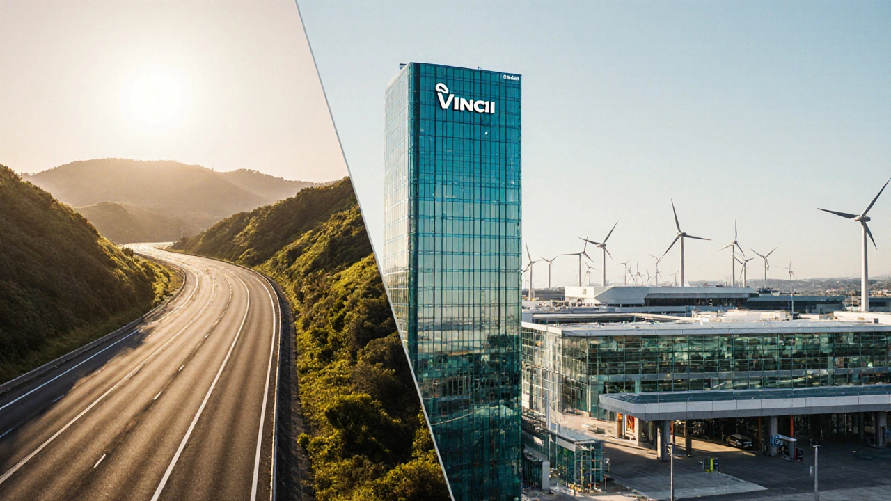 Split view showing Vinci&#039;s highway, airport, and wind farm alongside its corporate tower.