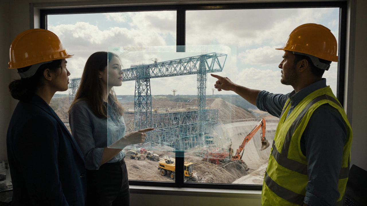Team of engineers reviewing BIM model on site with bridge construction and dam visible in background.